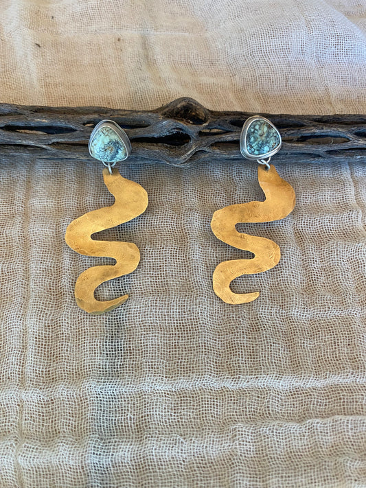 Emerald Basin Variscite studded Snake Brass Earrings