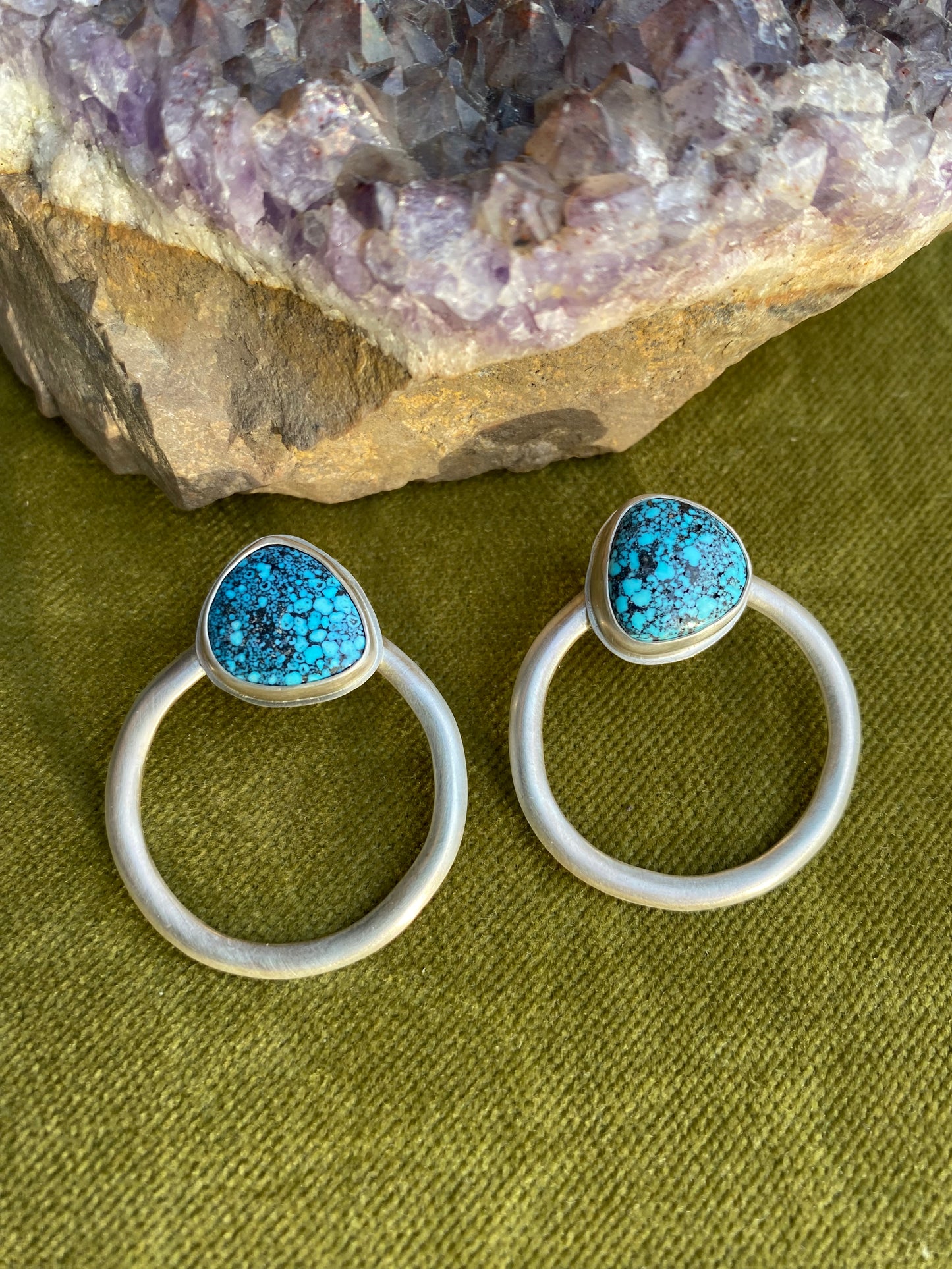 High Grade Kingman Turquoise Stud with Sterling silver hoops