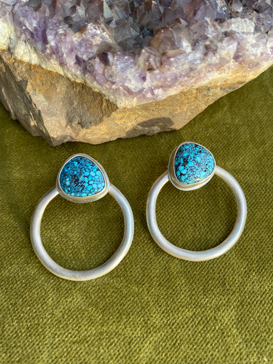 High Grade Kingman Turquoise Stud with Sterling silver hoops